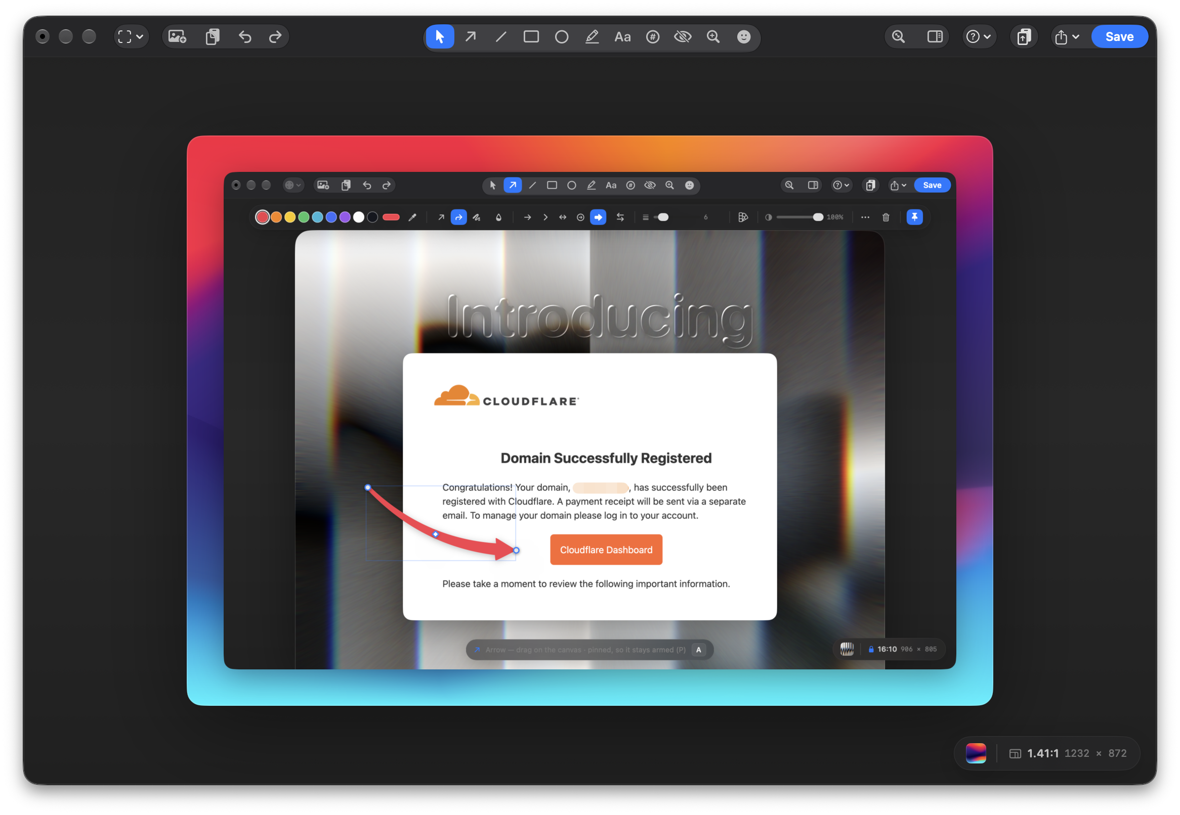 The ShotShot editor on macOS: a captured window framed and mounted on a vivid mesh-gradient canvas with a curved red arrow annotating it, the floating markup strip above the canvas and the background and canvas-size controls in the bottom corner.